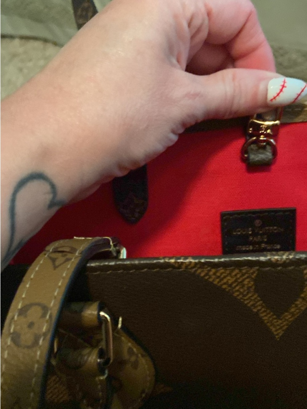Designer Inspired Brown Monogram Tote with Red Interior - Picture 2 of 7